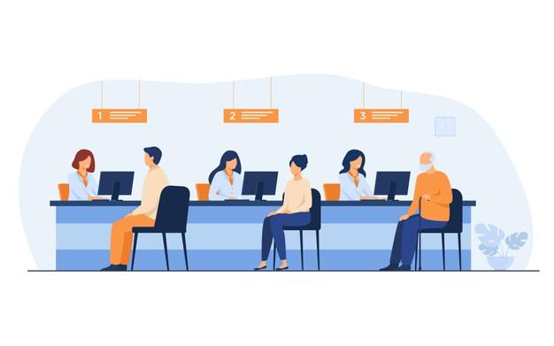 Finance managers working with clients isolated flat vector illustration. cartoon people sitting in bank office for money exchange. Free Vector