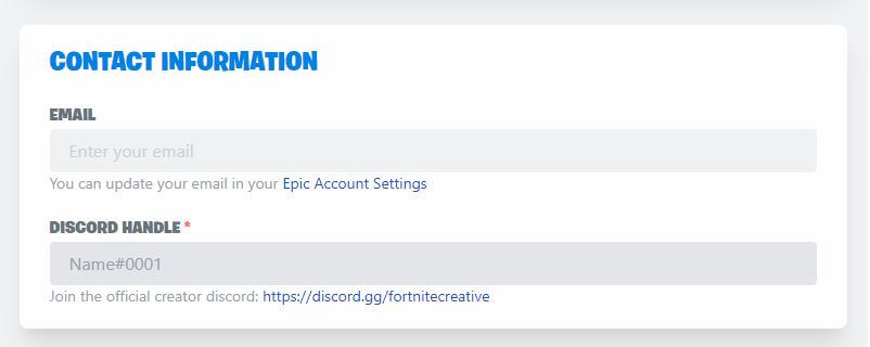Fortnite Creative Submission Contact Information