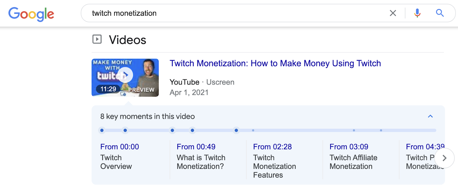 esempio di snippet di video in primo piano per la monetizzazione di Twitch seo