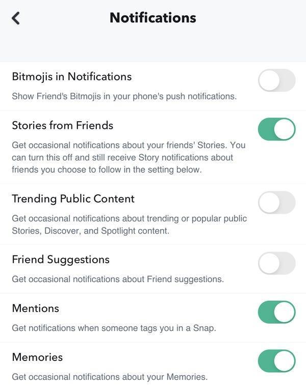 Notification settings in the Snapchat app.