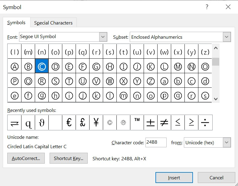 searching for Uppercase Circled C Symbol text using the character code