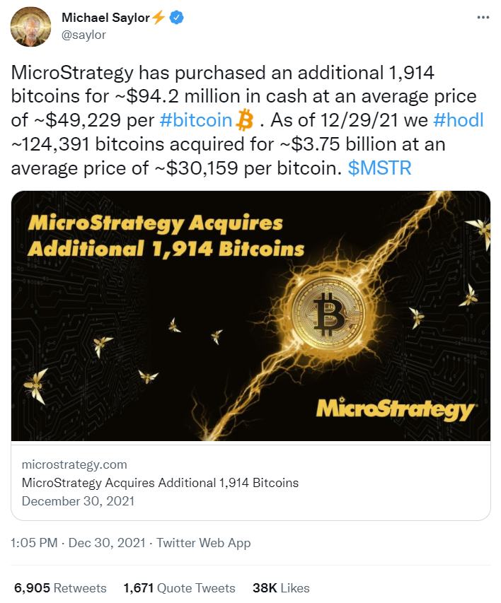 Tweet by Michael Saylor announcing that Microstrategy purchased Bitcoins