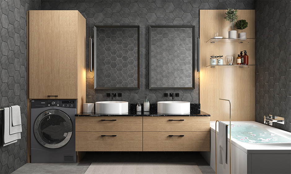 Trendy interiors in Pune 2023 with bold and dark wallpaper for bathroom walls