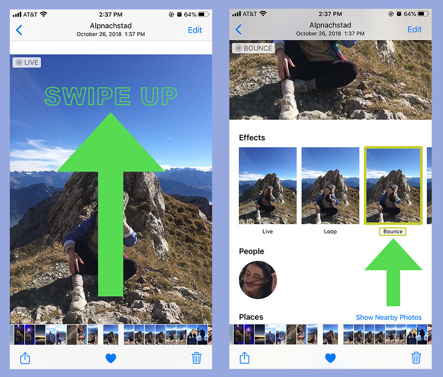 Screenshots showing how to add a "Bounce" effect to live photos on an iPhone. 