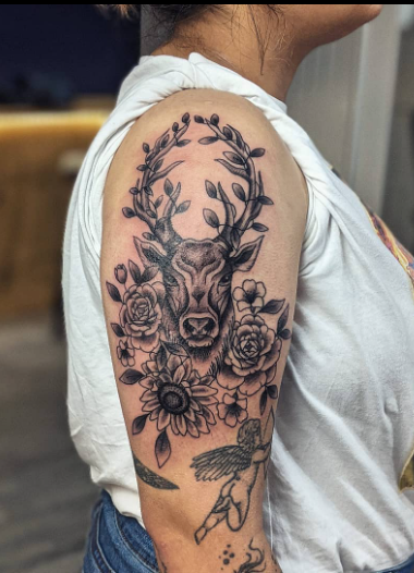 Deer Fabulous Floral Tattoo 