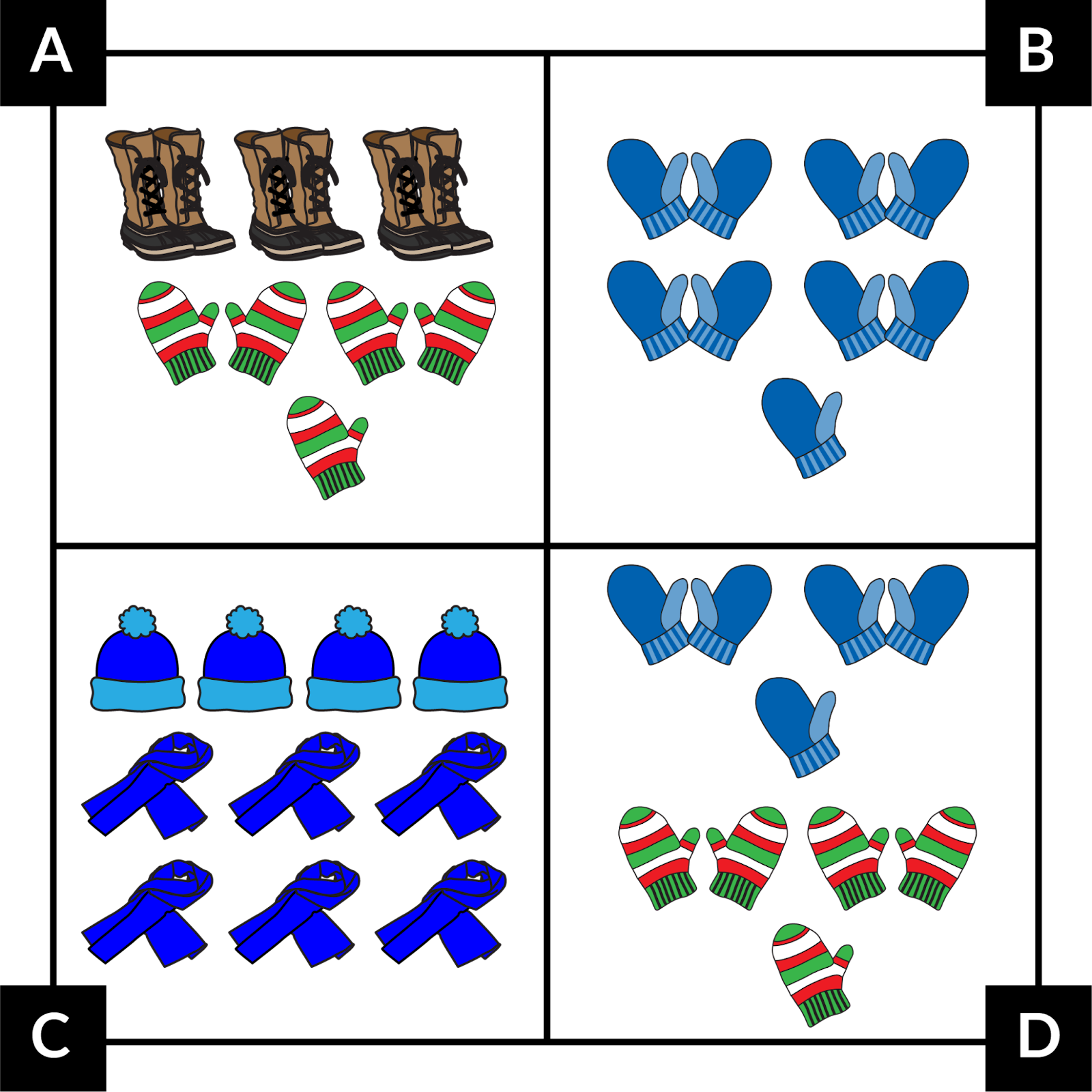 A: 3 pairs of winter boots, 2 pairs of green and red mittens and a single green and red mitten. B: 4 pairs of blue  mittens and a single blue mitten. C: 4 blue winter hats and 6 blue scarves. D: 2 pairs of blue mittens, a single blue mitten, 2 pairs of green and red mittens and a single green and red mitten.