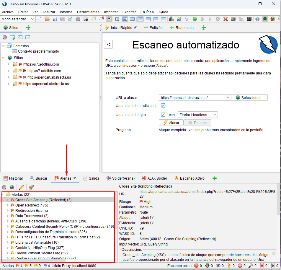 Alertas sobre el escaneo automatizado de Owasp Zap