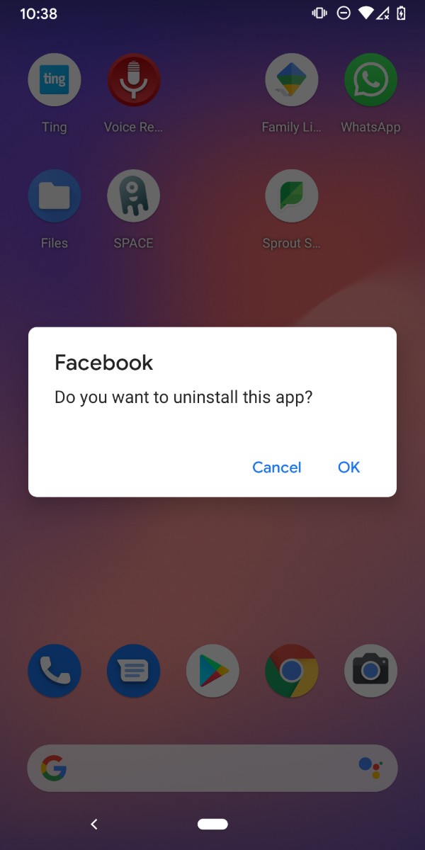 A Pixel 3 homescreen with an alert reading "Facebook. Do you want to uninstall this app?"