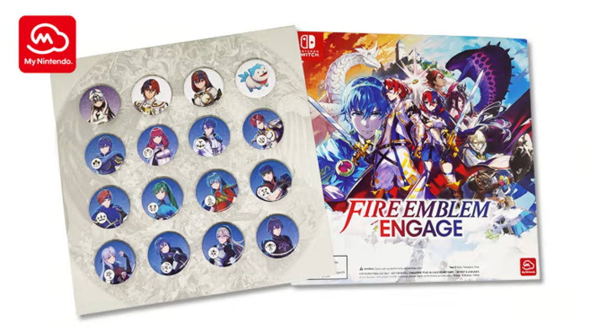 An image of the My Nintendo Reward for Fire Emblem Engage, with all 16 pins attached to a promotional card.