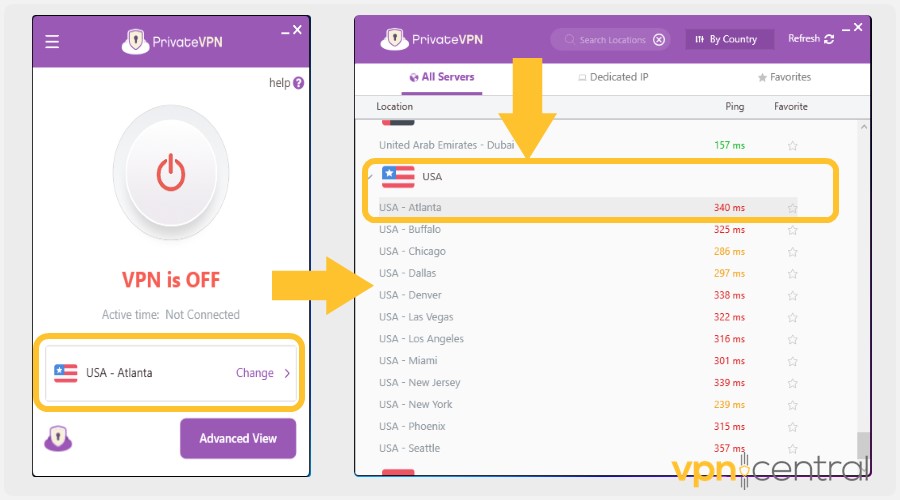 privatevpn connect to usa atlanta location