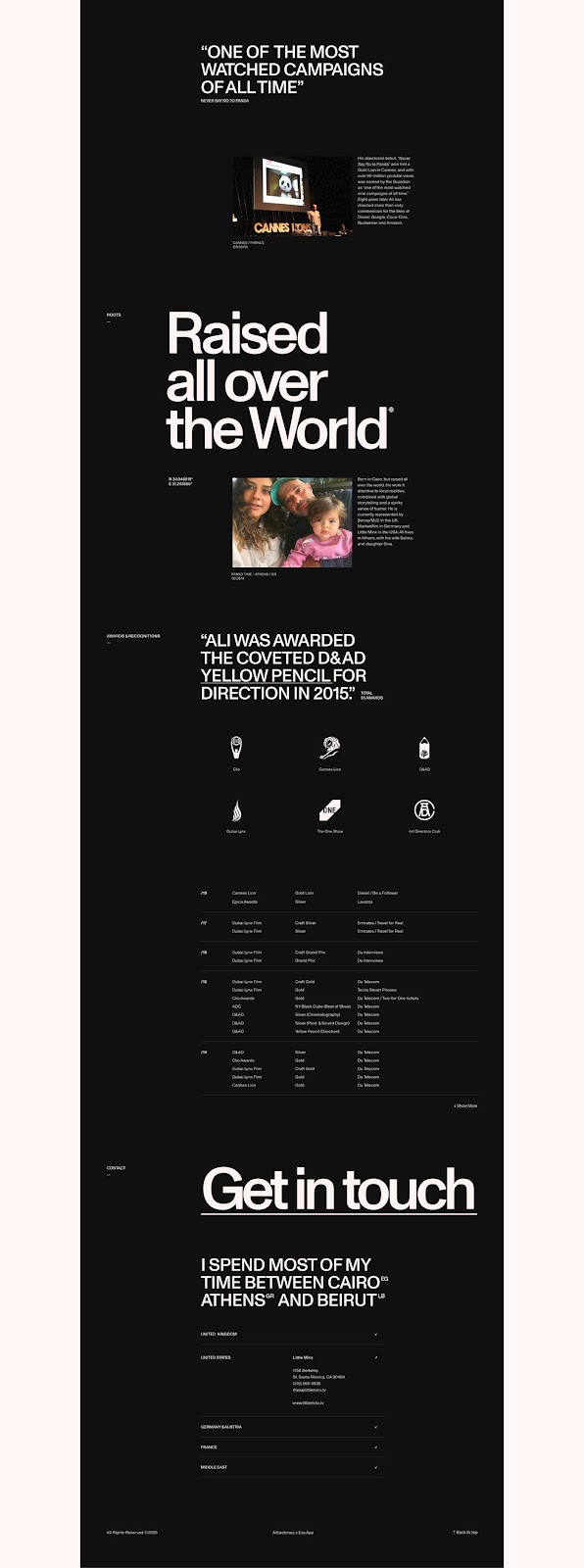biography page with a swiss design style including dramatic typographic size contrast
