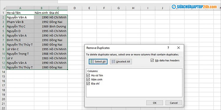 Tích chọn các cột cần lọc trùng dữ liệu trong Excel