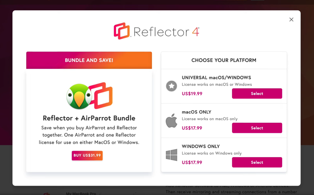 The Reflector screen mirroring app is US$17.99 for a Windows only license