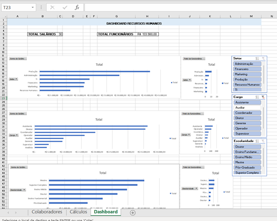 Selecionando os filtros dashboard no Excel