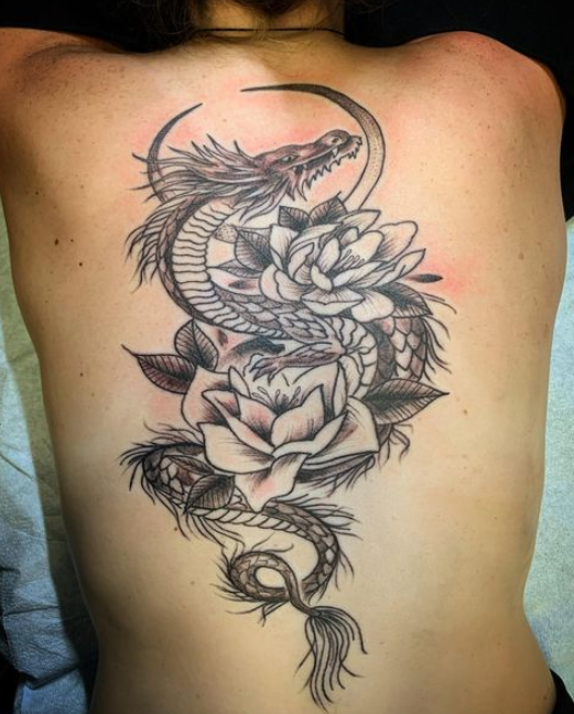 Dragon With Flower Spine Tattoos For Women