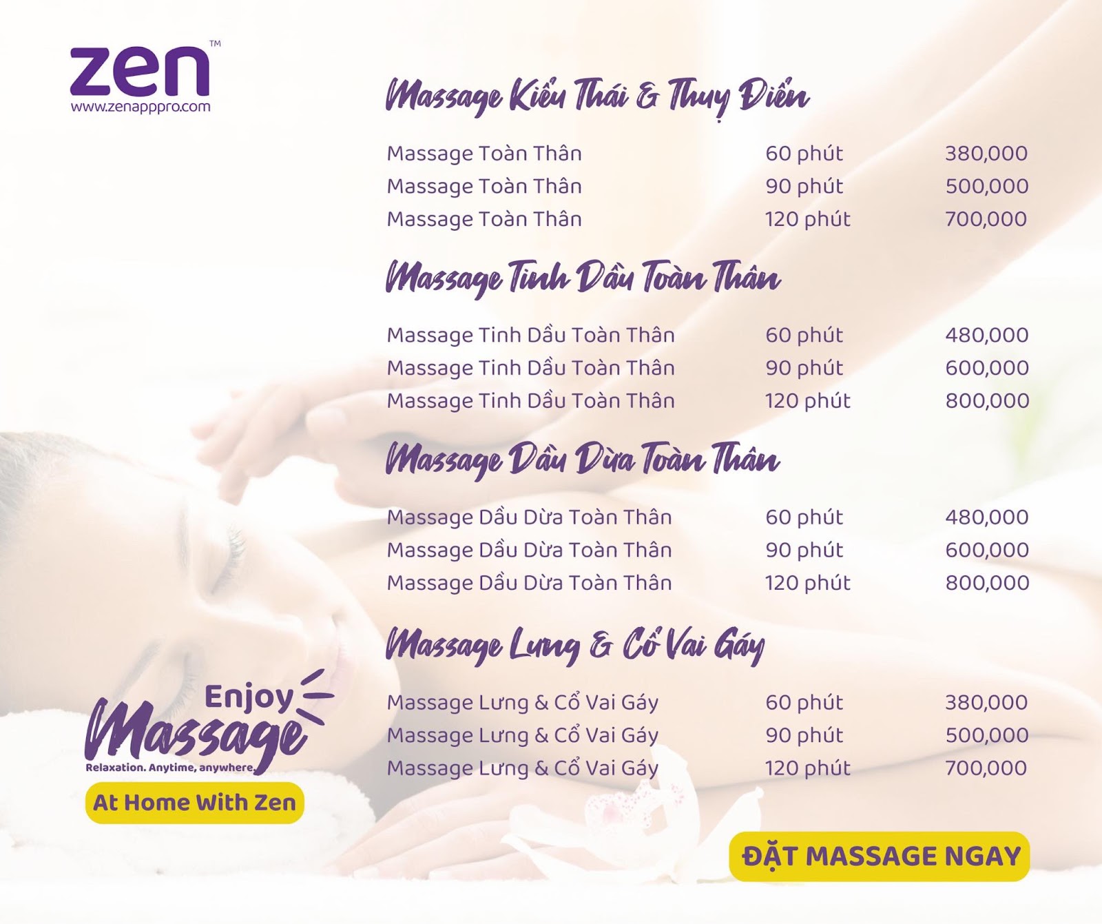 Bảng giá massage tại Zen