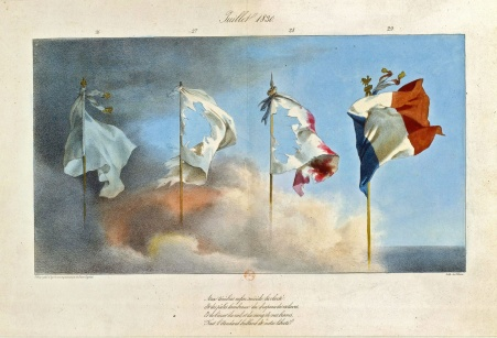 Litografia de 1830 que mostra a transformação da bandeira francesa.