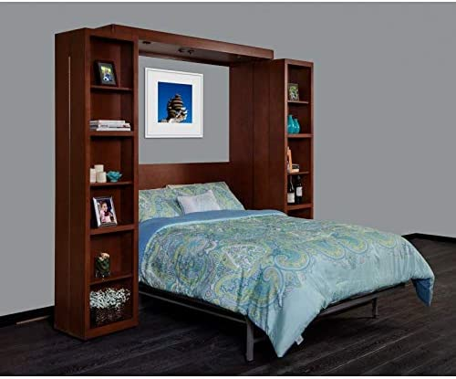 Bi-folding bookcases effortlessly conceal a fold-down murphy bed in a spare bedroom or home office.