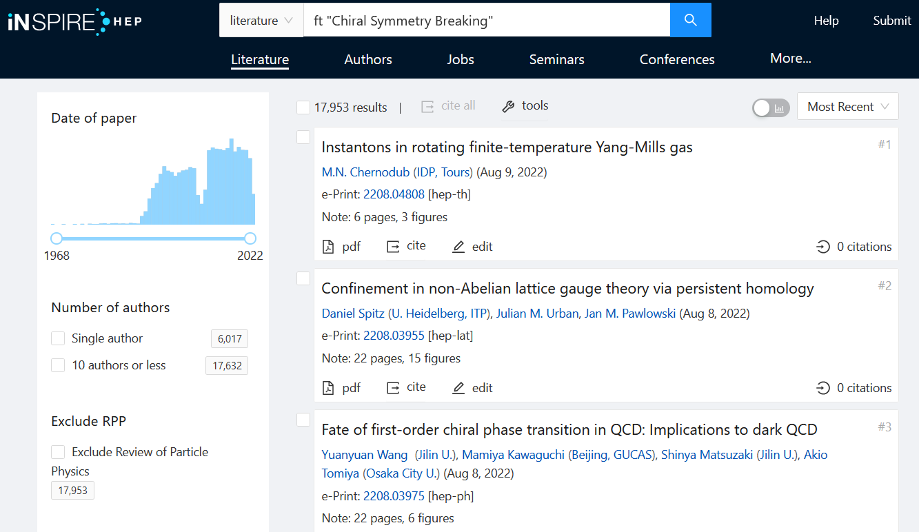 Screenshot of results for a literature search for [ ft "Chiral Symmetry Breaking" ] in INSPIRE