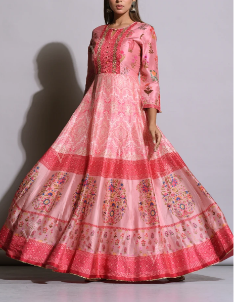 Baby Pink Printed Silk Anarkali Gown