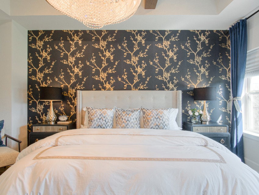 design by keti dallas tx design process bedroom with black and gold floral wallpaper accent wall 