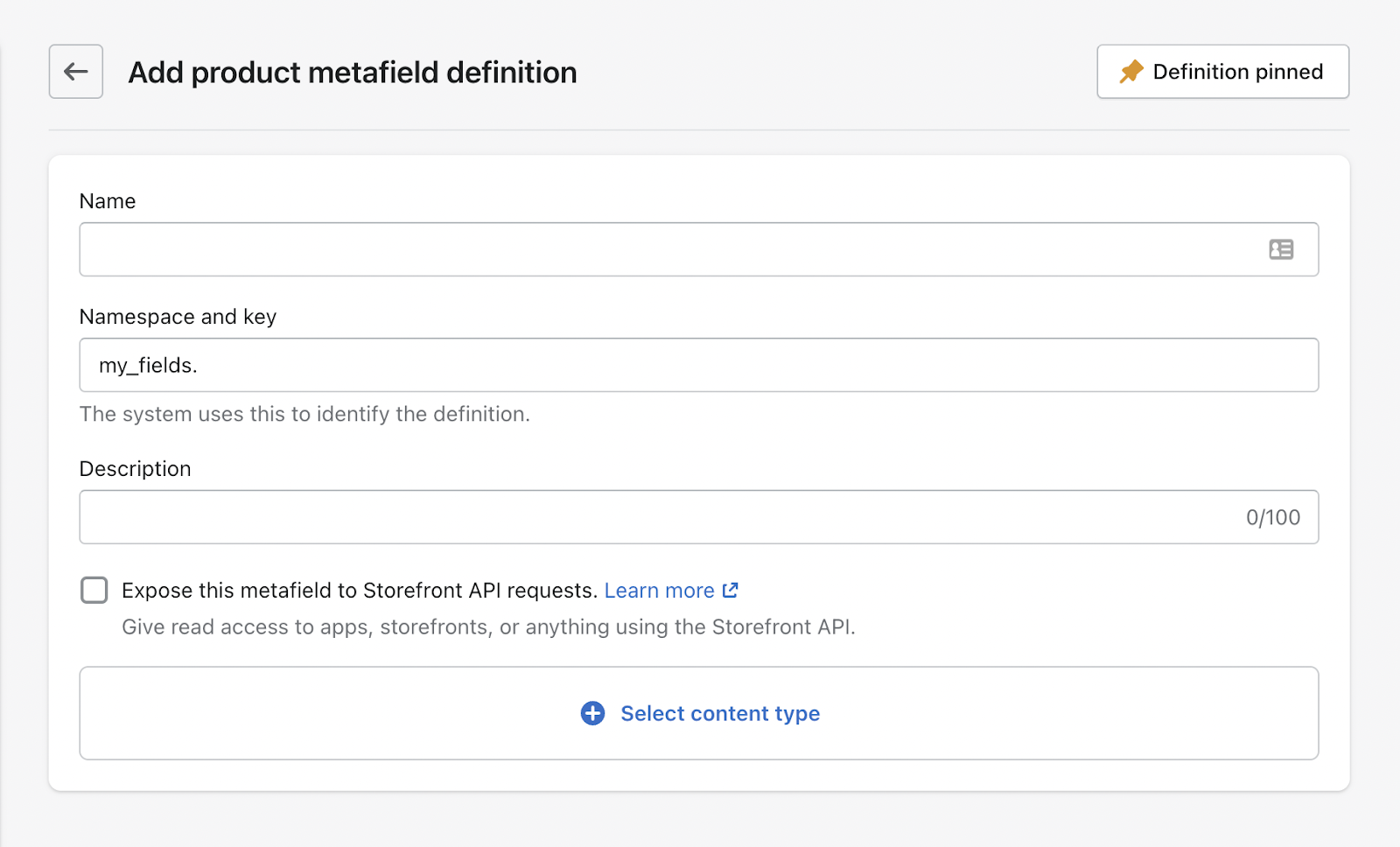 Create a metafield - add product metafield definition 