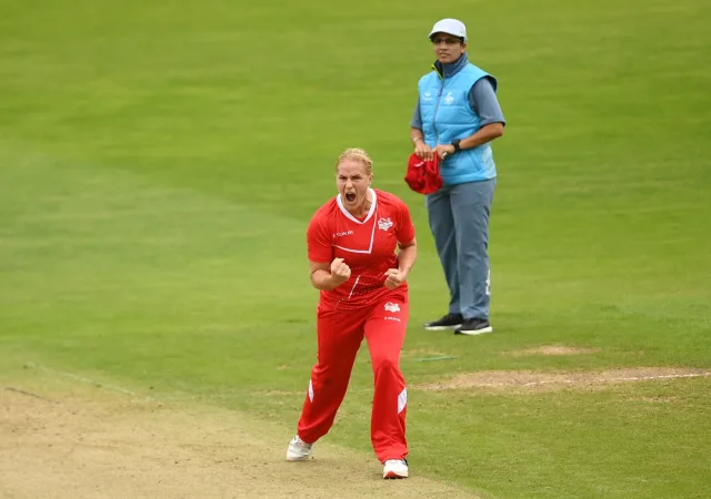 Katherine Brunt celebrates a wicket