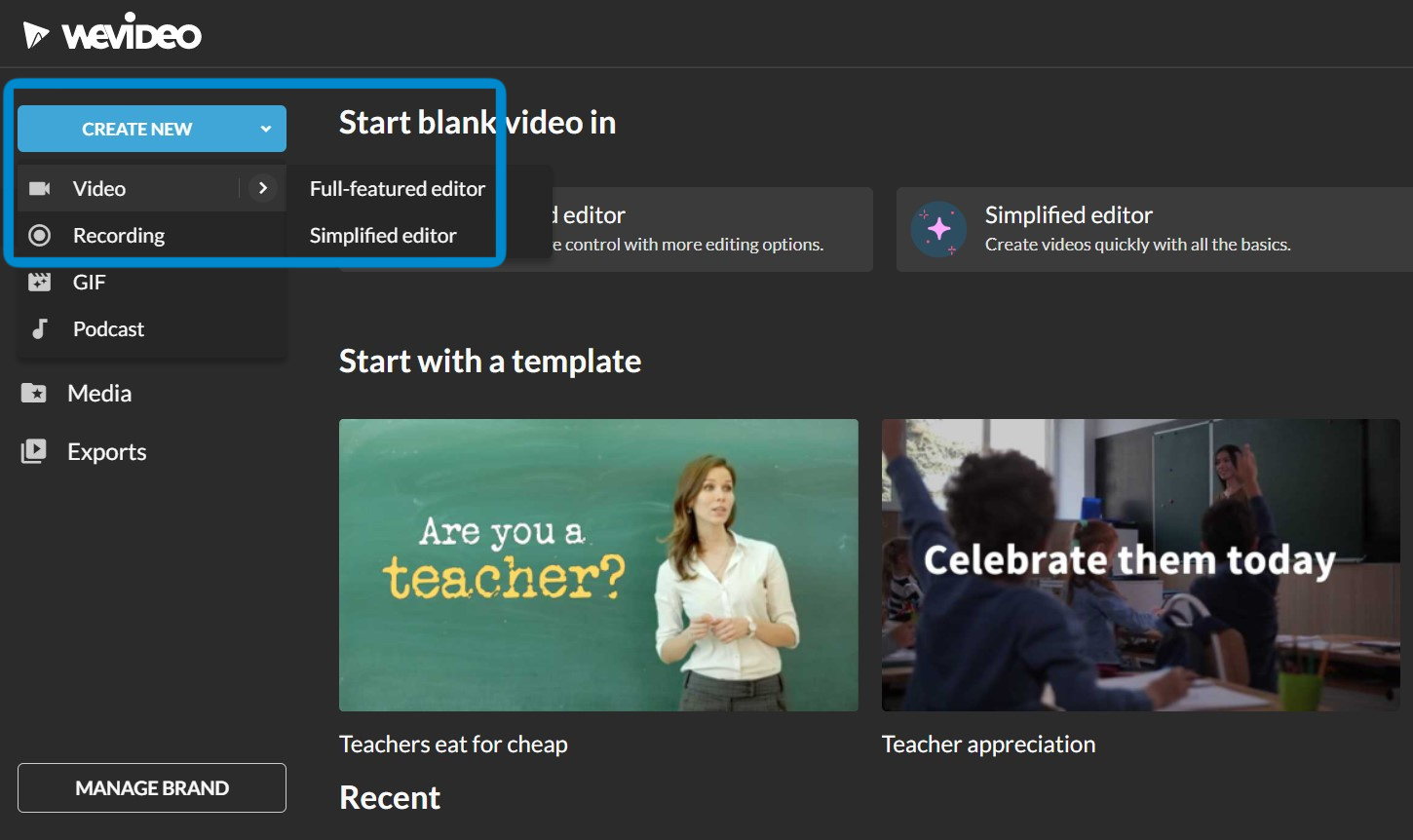 WeVideo web editor with a blue rectangular outline highlighting the "Create New" button.