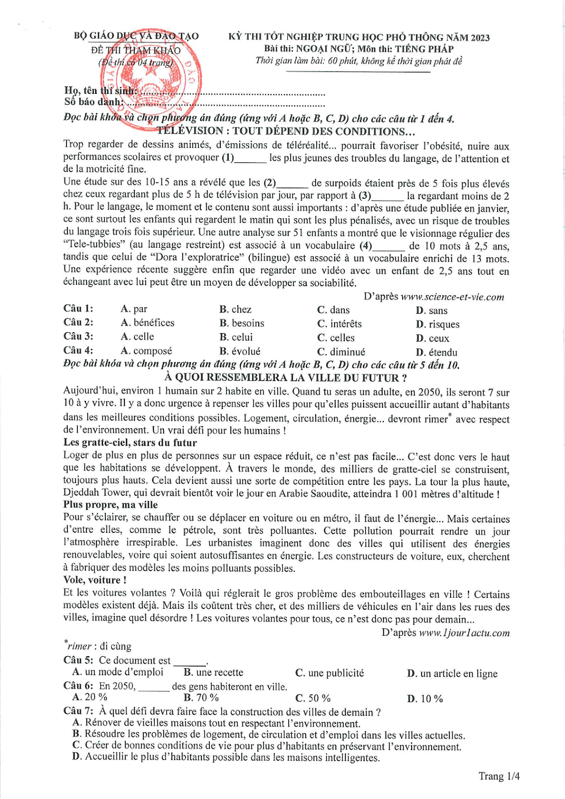 Đề minh hoạ thi THPT Quốc gia 2023 môn Tiếng Pháp 1