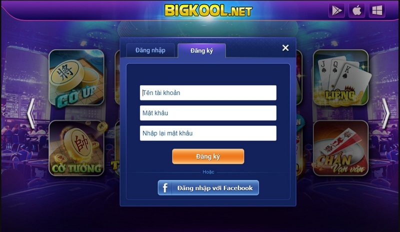 Cửa sổ đăng ký tài khoản tại cổng game BigKool