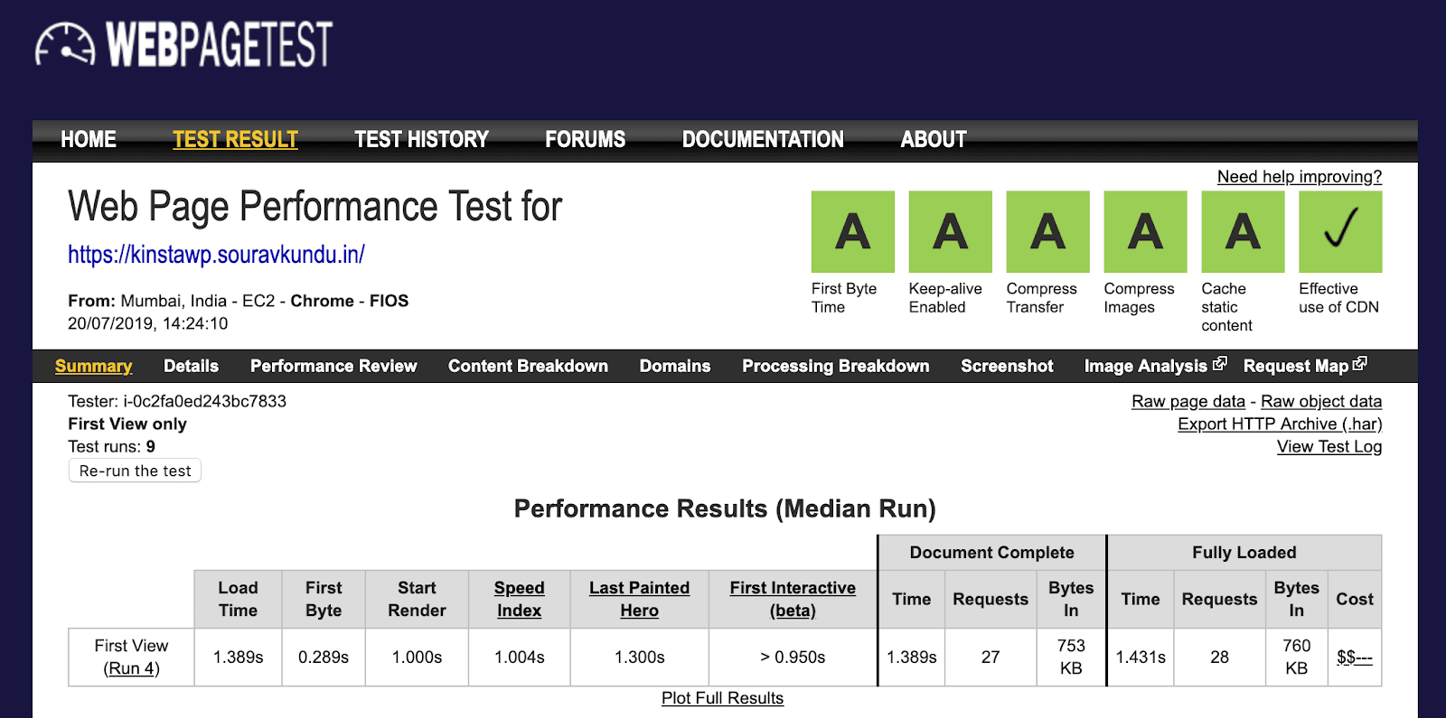 captura de tela dos benchmarks de desempenho Kinsta WebPageTest
