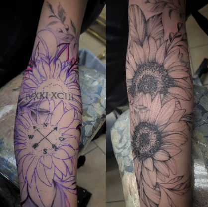 Black And Grey Sunflower Cover Up Tattoo Ideas
