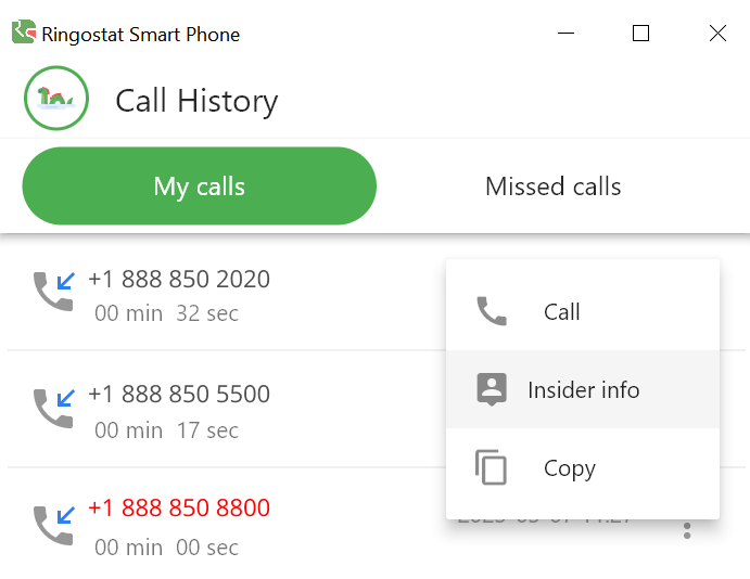 Ringostat Smart Phone, call history — my calls