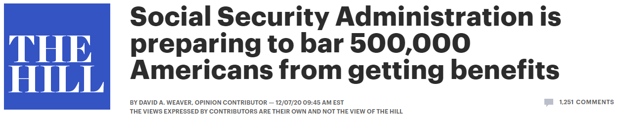 Headline: Social Security Administration is preparing to bar 500,000 Americans from getting benefits.