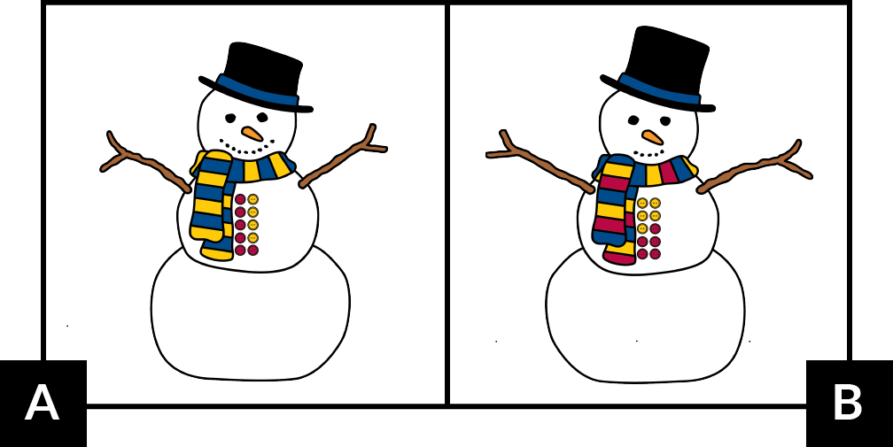 A: A snow person has a scarf with blue and yellow stripes. It has 9 rocks for a mouth, a carrot for a nose, and 2 rocks for eyes. It has 10 buttons, 6 red and 4 yellow, on its middle. B: A snow person has a scarf with red, blue and yellow stripes. It has 5 rocks for a mouth, a carrot for nose, and 2 rocks for eyes. It has 10 buttons, 5 red and 5 yellow, on its middle.