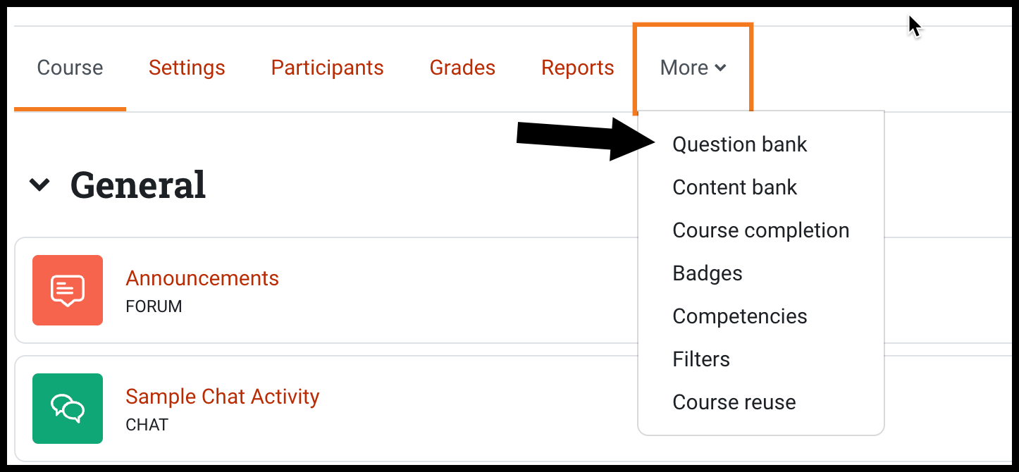 Course header menu across top with a dropdown beneath the More menu item and an arrow pointing to Question bank