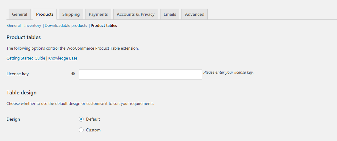 Configurações da tabela de produtos WooCommerce