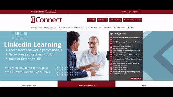 An animated GIF shows the webpage for the UMass Amherst Isenberg School of Management’s IConnect portal and scrolls down the webpage to show a labor market insights module that shows job market data, like employment trends, compensation trends, most in-demand technical and soft skills, and more.