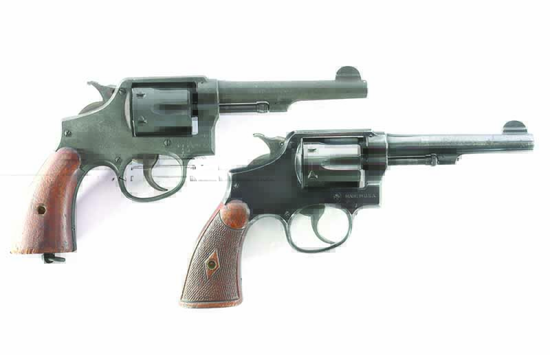 The top revolver is the Lend-Lease Victory in .38 S&W. Below is the pre-war revolvers S&W made for its customers. This one is in .38 Special and started with a high-gloss blue finish. Both have seen honest wear since then.