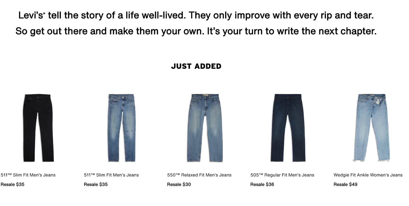 Levi’s SecondHand homepage features different pre-worn jeans at their resale price