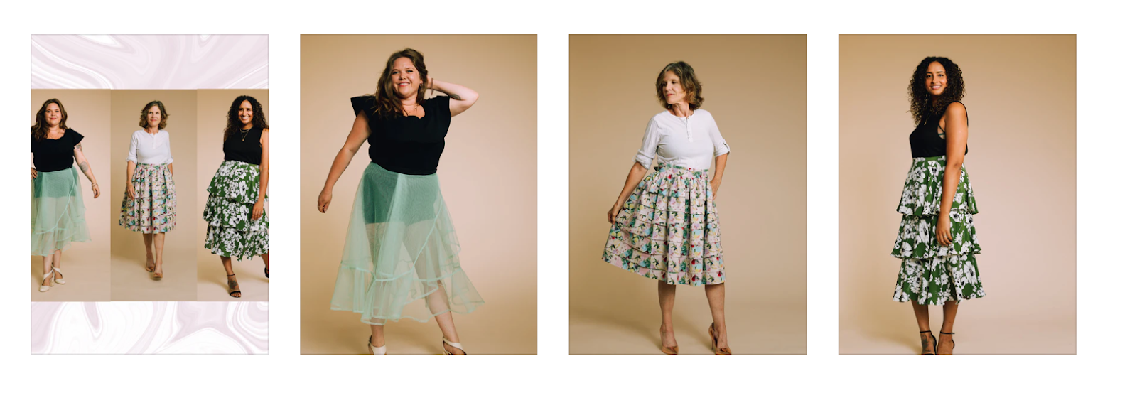 4 images one with three women wearing skirts and then three individual photos of each of the women