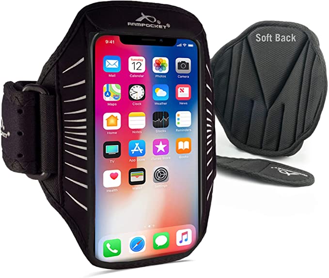Phone Armbands for Running | Armpocket Racer Edge Ultra Thin Phone Armband| iPhone 13 Pro, 13, 12 Pro, 12, Galaxy S22, S21, Note 10, Pixel 6, Phones Without Cases up to 6.4 Inches| Black Medium Strap