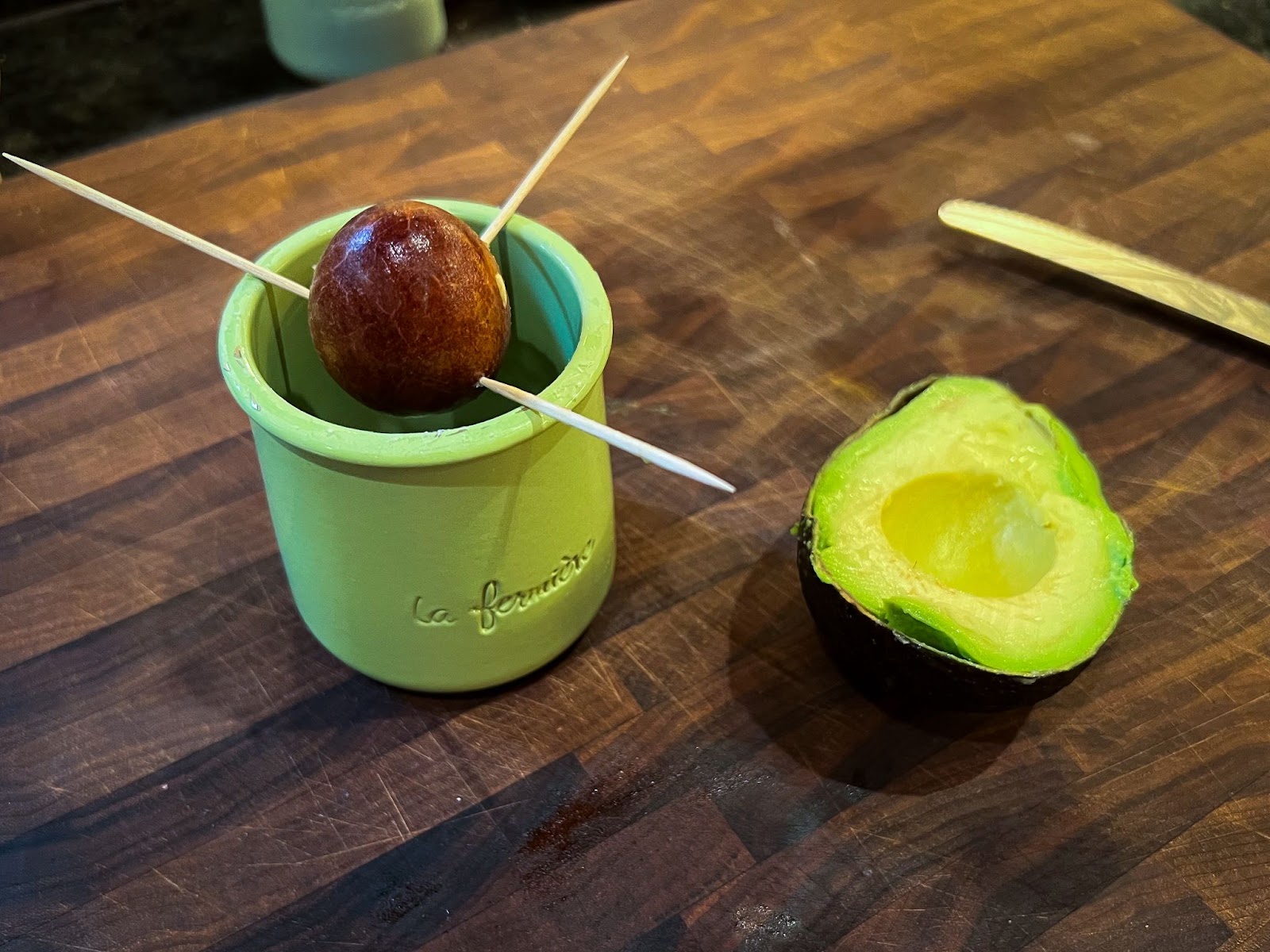 Sliced Avocado and Avocado pit with toothpicks sticking in side suspended over jar of water