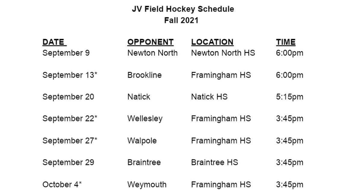 JV Field Hockey Schedule 2021