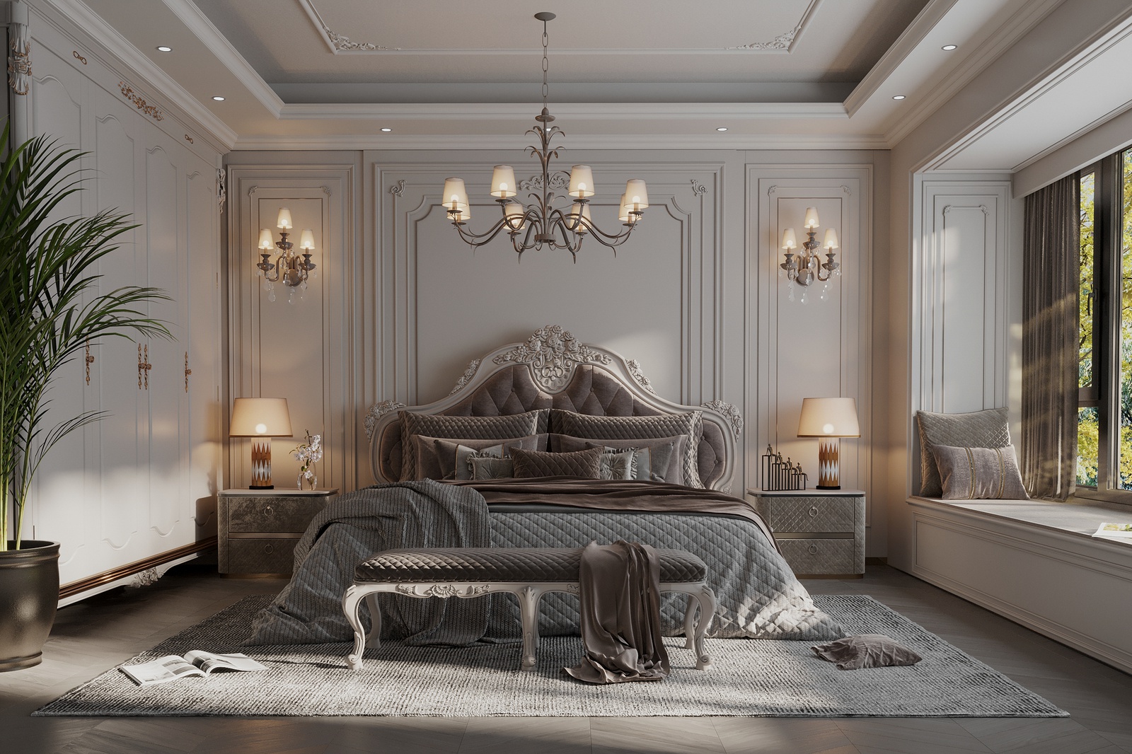 Trang trí phòng ngủ có rèm cửa nâu đậm cung tone màu với giường ngủ