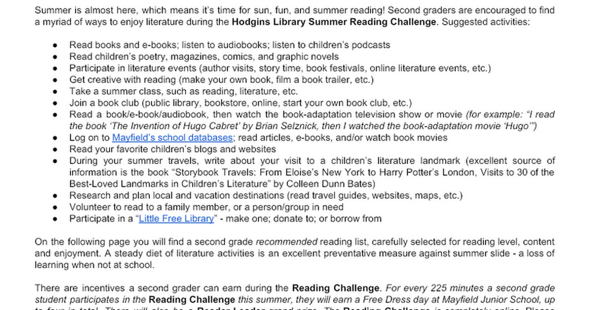 2nd Grade Summer Reading 2019