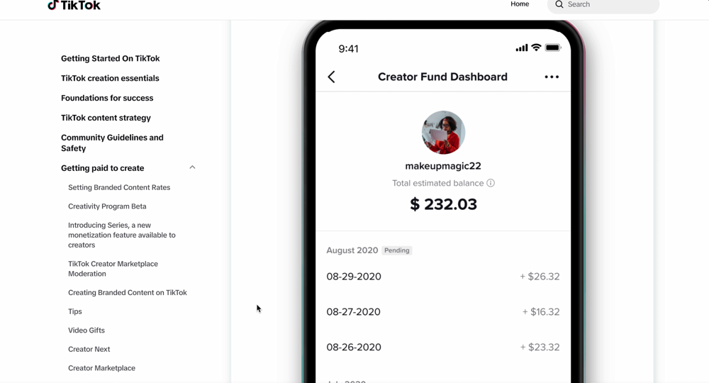 Creator Fund Dashboard example in the TikTok website