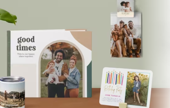 custom photo gifts on a shelf showing family photos