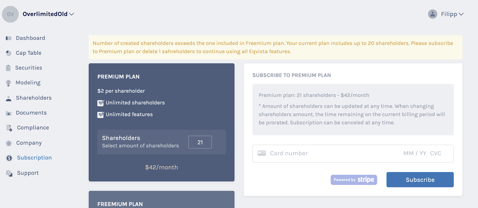 Overlimit subscription view Eqvista