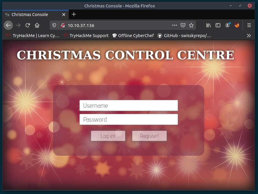 Screenshot of Christmas Control Centre logon page, showing username and password fields along with Log In! and Register! buttons